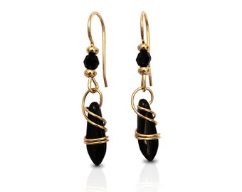 Pendientes colgantes negros, pendientes rellenos de oro, pendientes negros para mujer, pendientes dorados y negros, pendientes delicados, pendientes negros para boda