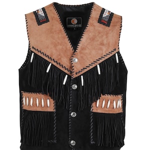 Western Suede Leather Vest for Men With Fringe & Bone