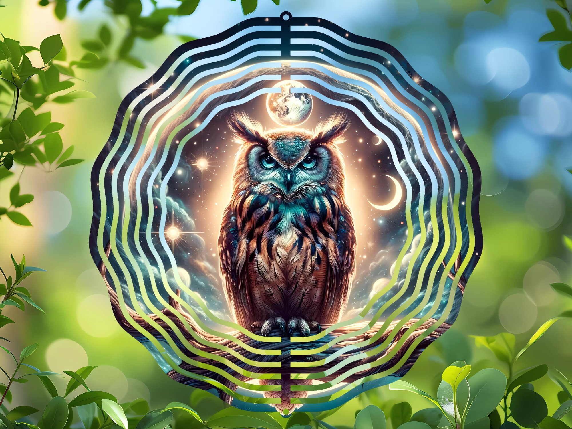 Mystical Owl Wind Spinner Sublimation File, Round PNG Design for Puffy Windspinner, Celestial Night 