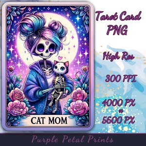 Conception numérique de maman de chat de carte de tarot, maman de chat de squelette mignonne avec la sublimation de chat, chat et art floral, amant mystique de chat PNG