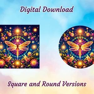 Wind Spinner Sublimation Design, Round PNG Digital Download, Mystical Dragonfly Night Garden, Vibrant Windspinner Image, Home Decor Art image 2