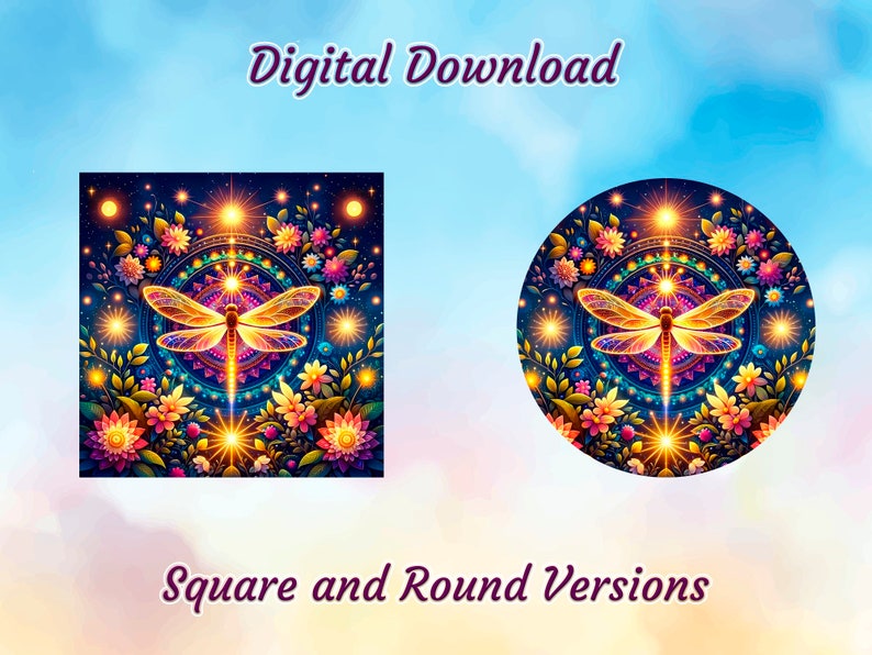 Wind Spinner Sublimation Design, Round PNG Digital Download, Mystical Dragonfly Night Garden, Vibrant Windspinner Image, Home Decor Art image 2