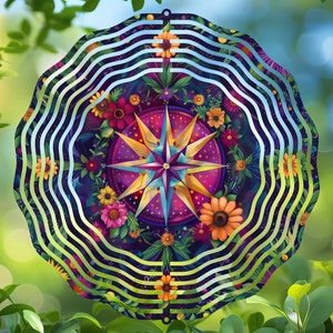 Compass Rose Mandala Wind Spinner Sublimation Design, Colorful Round PNG, Digital Download Floral Windspinner Graphic Artistic Outdoor Decor