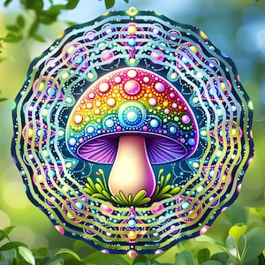 May include: A psychedelic rainbow mushroom with white spots and a purple stem, surrounded by a colorful mandala pattern.