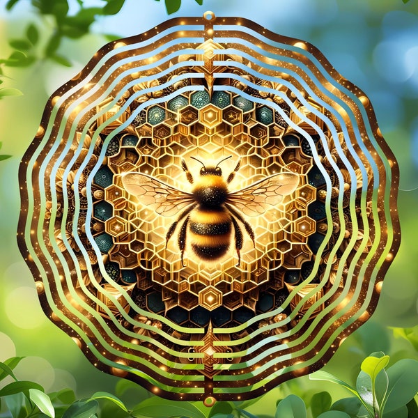 Bee Honeycomb Mandala Wind Spinner PNG Black and Gold Artful Garden Decor Sublimation Design Round File for Coasters, Ornaments, Windspinner