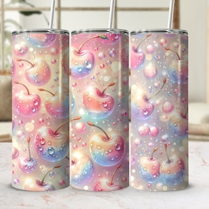 May include: Three stainless steel tumblers with a pastel pink, blue, and white cherry and bubble design.