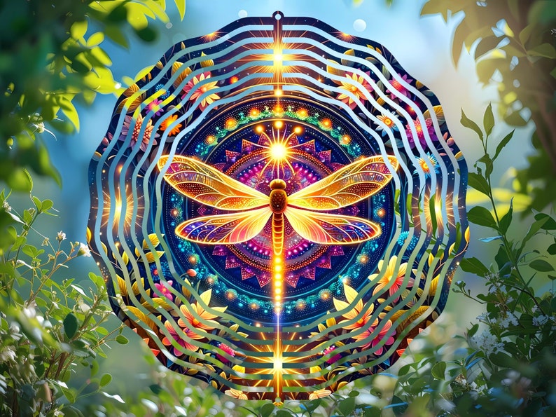 Wind Spinner Sublimation Design, Round PNG Digital Download, Mystical Dragonfly Night Garden, Vibrant Windspinner Image, Home Decor Art image 5