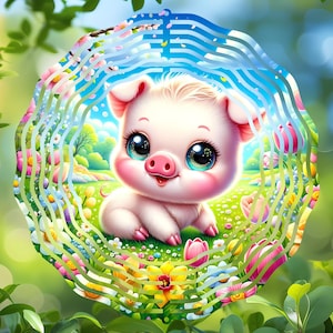 Adorable diseño de sublimación de molinete de viento de cerdito bebé animado, PNG redondo para molinetes, adornos, posavasos y manualidades, digital