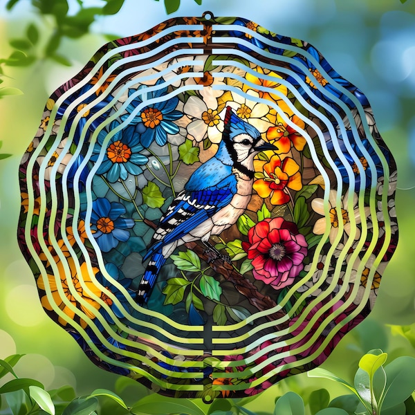 Stained Glass Bluebird Digital PNG, Round Wind Spinner Design, Door Hanger Sublimation, Vibrant Floral Coaster Download Art Windspinner