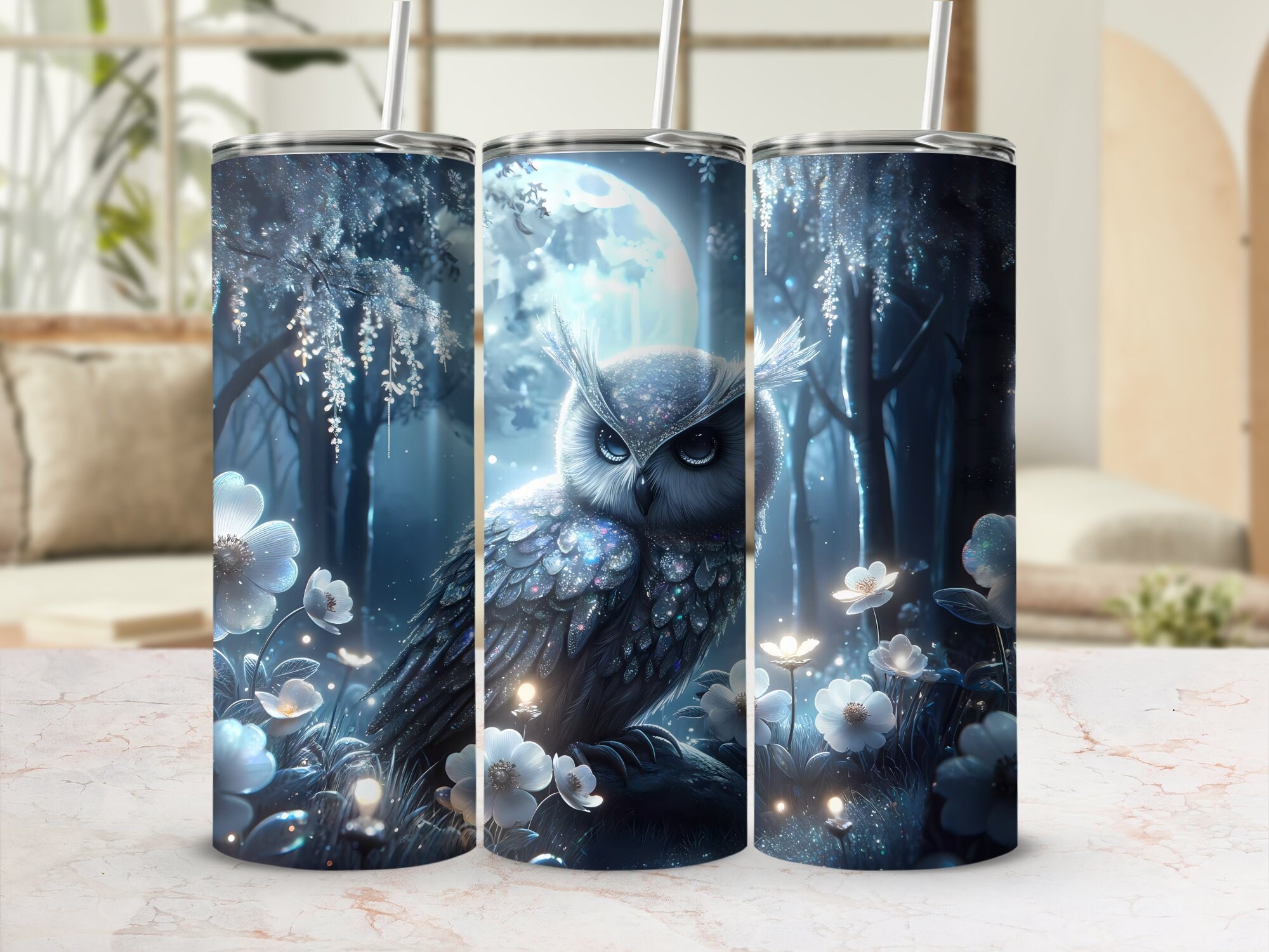 Mystical Owl Tumbler Design, 20oz Seamless Wrap, Sublimation PNG, Digital Download Moonlit Forest