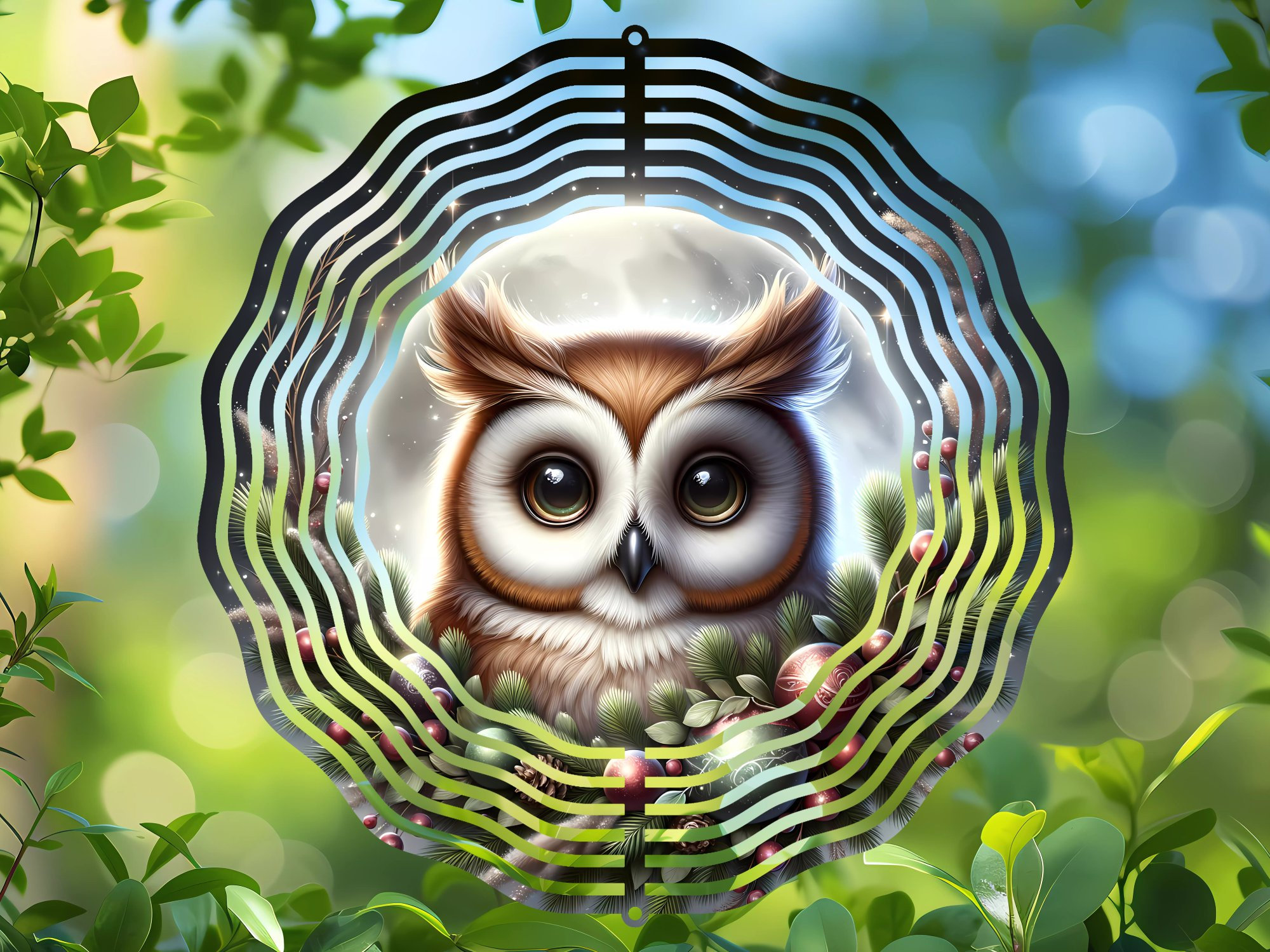 Winter Owl Holiday Themed Wind Spinner Sublimation Design, Round PNG, DIY Garden Decor, Coaster and 