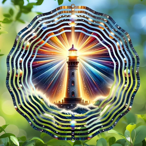 Lighthouse Digital Art, Wind Spinner Sublimation Design, Round Garden Decor PNG, Vibrant Nautical Printable, Ocean Themed Download