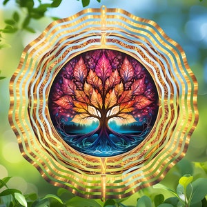 May include: A colorful metal wind spinner featuring a vibrant tree of life design. The tree has a detailed root system and colorful leaves in shades of red, orange, and purple. The spinner is surrounded by a gold-colored, wavy frame.