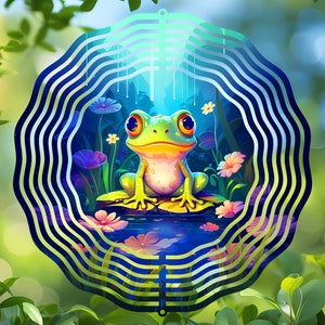 May include: A whimsical, colorful frog illustration. The frog, with large orange eyes, sits on a lily pad in a pond surrounded by flowers. The image is framed by a layered, wavy design, with a green and blue color scheme, evoking a playful, nature-themed aesthetic.