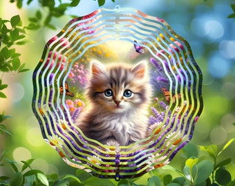 Design a sublimazione del filatore del vento, file PNG rotondo, download digitale, gattino stravagante nel giardino fiorito, opera d&#39;arte del gatto fantasy, colori vivaci