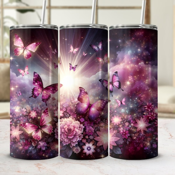 Seamless Butterfly Tumbler Wrap, 20oz Sublimation Design, Dreamy Floral Digital Download, Cosmic Space Glitter Graphics, Magical Sky Art