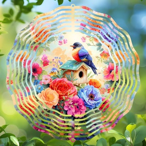 Birdhouse Floral Wind Spinner Sublimation Design, Round PNG Download, Garden Decor Clipart, Vibrant Bird and Flowers Art