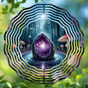 May include: A digital art piece featuring a large, purple amethyst geode at the center, surrounded by a forest scene with mushrooms. The geode is set within a circular frame with wavy lines, set against a blurred green background.
