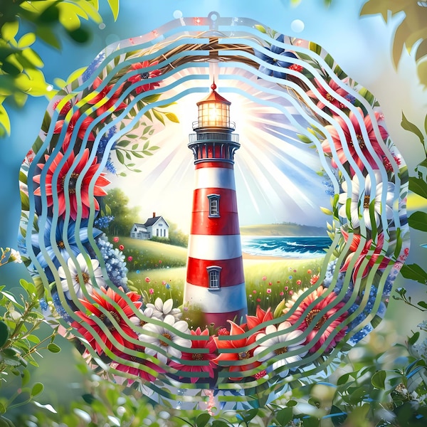 Red White and Blue Lighthouse Wind Spinner Sublimation Design, Digital Round PNG, DIY Coasters, Ornaments, Patriotic Coastal Decor