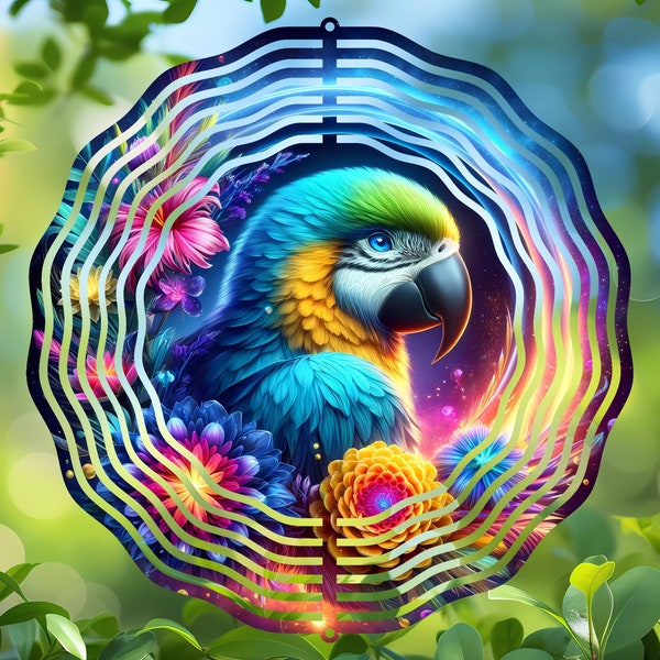 Colorful Parrot Wind Spinner Design, Round Sublimation PNG, DIY Garden Decor, Coaster and Ornament Template