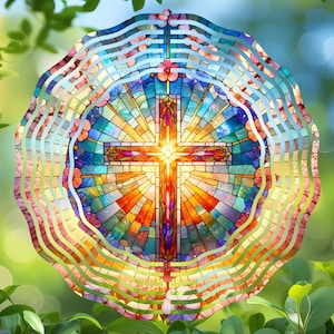 Könnte beinhalten: Ein buntes Buntglasfensterdesign mit einem Kreuz mit einem Sonnenstrahleffekt. Das Kreuz ist von konzentrischen Kreisen mit einem floralen Muster umgeben.