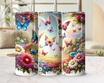 Butterfly Meadow Digital Tumbler Wrap, 20oz Seamless Sublimation Design, Vibrant Nature Fantasy Graphic for DIY Projects