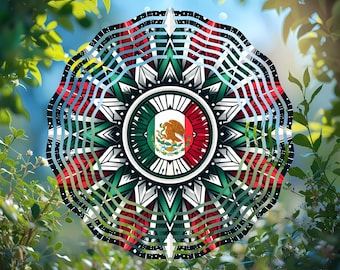 Design sublimato Mandala Wind Spinner di ispirazione messicana, PNG rotondo, sottobicchieri fai da te, ornamenti, girandola, bandiera messicana, design culturale