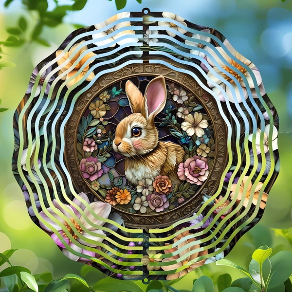 Floral Rabbit Wind Spinner Design, Sublimation Garden Decor, Round Car Coaster Ornament PNG Digital Download