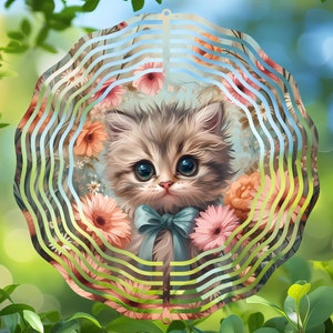 Design de sublimação de girador de vento de gatinho fofo, decoração de jardim de gato floral redondo, design png