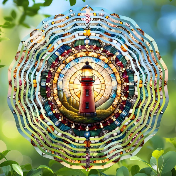 Stained Glass Lighthouse Mandala Wind Spinner Design, Round Sublimated PNG for Coasters, Ornaments, WindSpinner Digital Art Outdoor Decor