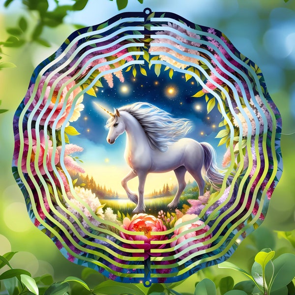 Unicorn and Floral Night Sky Wind SPinner Digital Design, Fantasy Themed Round PNG for DIY Wind Spinner, Coasters, Ornaments, Garden Decor