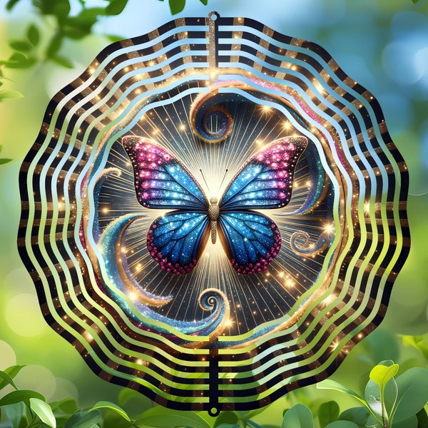 Sparkling Butterfly Wind Spinner Sublimation Design, Digital PNG File for DIY Garden Decor, Round Coaster and Ornament Making