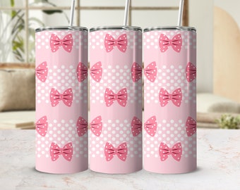 Pink Bow Polka Dot Pattern 20oz Tumbler Sublimation Design, Seamless Wrap, PNG Digital Download, Skinny Tumbler Graphic, Girly Drinkware