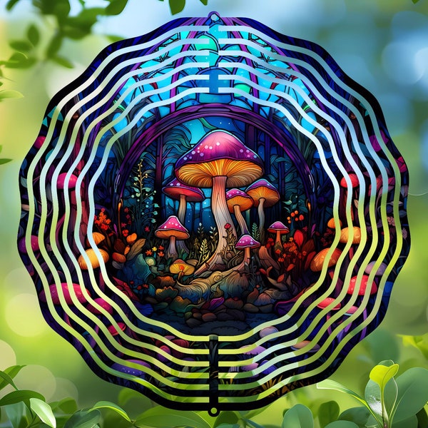 Stained Glass Mushroom Forest Wind Spinner Sublimation Design, Fantasy Garden Decor, Magical Round PNG Digital Download, Ink Transfer Art