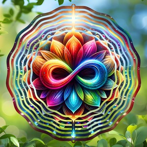 May include: A colorful metal wind spinner with an infinity symbol design inside a flower. The flower has petals in shades of red, orange, yellow, green, blue, and purple. The wind spinner has a layered design with multiple rings.