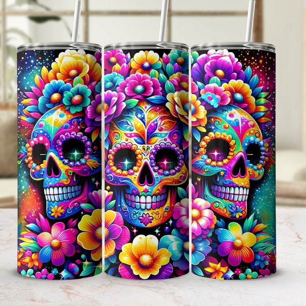 Seamless Rainbow Sugar Skull Wrap, 20 oz Tumbler Sublimation, Colorful Floral Design, Digital Download, Vibrant Ink Transfer, Skull Artwork