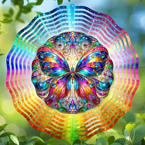 Girador de vento de borboleta colorida, PNG redondo, design de sublimação, estilo mandala, arte brilhante, download digital, decoração instantânea, cores do arco-íris