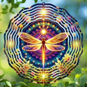 Wind Spinner Sublimation Design, Round PNG Digital Download, Mystical Dragonfly Night Garden, Vibrant Windspinner Image, Home Decor Art image 1