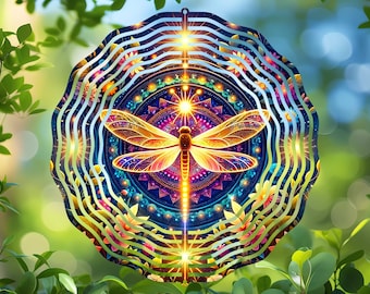 Wind Spinner Sublimation Design, Round PNG Digital Download, Mystical Dragonfly Night Garden, Vibrant Windspinner Image, Home Decor Art