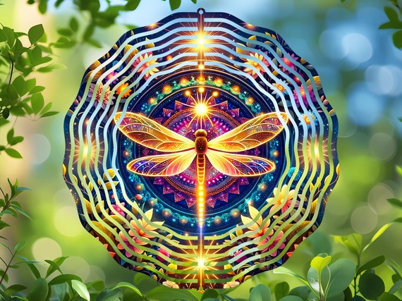 Wind Spinner Sublimation Design, Round PNG Digital Download, Mystical Dragonfly Night Garden, Vibrant Windspinner Image, Home Decor Art