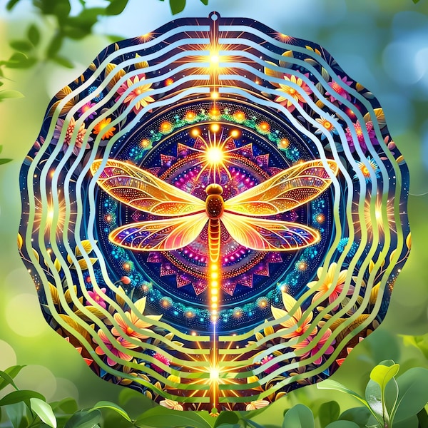Wind Spinner Sublimation Design, Round PNG Digital Download, Mystical Dragonfly Night Garden, Vibrant Windspinner Image, Home Decor Art