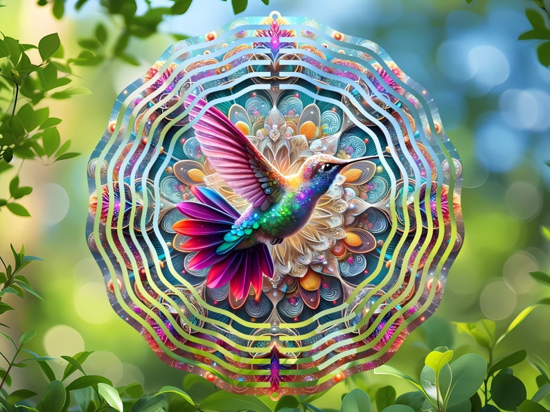 Hummingbird Wind Spinner Sublimation Design, Round Mandala PNG, Digital Print, Garden Art, Vibrant Decoration, Printable image 1