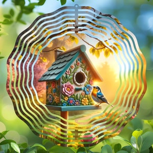 Wind Spinner Sublimation Design Round PNG, Spring Birdhouse Digital File, Coasters Ornaments Template, Printable Garden Decor Image