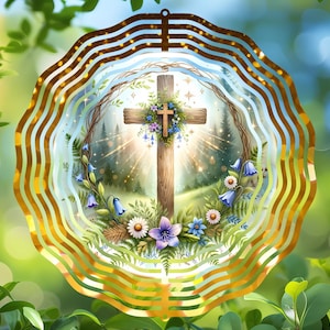 Wind Spinner Spiritual Cross and Flowers Design, Digital Round PNG, Sublimation for Coasters, Ornaments, Religious Garden Decor
