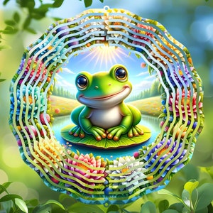 May include: A colorful metal wind spinner with a smiling green frog sitting on a lily pad in the center. The wind spinner is surrounded by layers of colorful flowers.