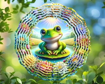 Diseño de sublimación de Frog Wind Spinner, PNG redondo para adornos y posavasos de jardín de bricolaje, temática de fantasía, diseño de rana caprichosa