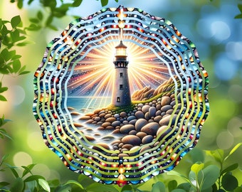Lighthouse Wind Spinner Sublimation Design, Round Garden Decor PNG, Digital Download, Printable Lighthouse Art, Vibrant Outdoor Decoration