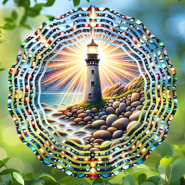 Conception de sublimation de toupie de vent de phare, décoration ronde de jardin PNG, téléchargement numérique, art de phare imprimable, décoration extérieure vibrante