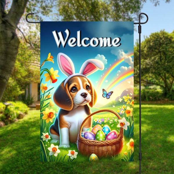 Welcome Garden Flag Design, Easter Beagle Puppy Sublimation PNG, Digital Download, Self Customizable Outdoor Decor, Spring Seasonal Graphics