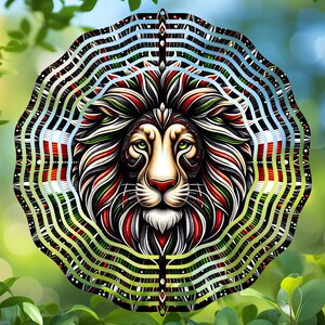 May include: A detailed illustration of a lion's head with a colorful, patterned mane and a decorative border. The lion has green eyes and a red nose, set against a blurred green and blue background with leafy foliage.